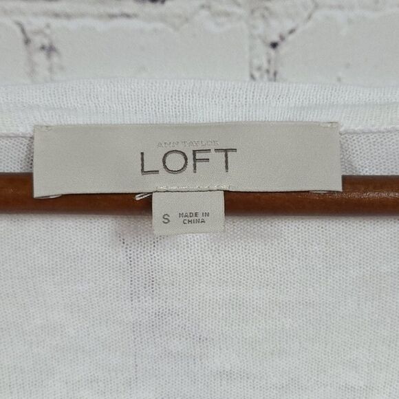 LOFT White Linen Blouse Peakaboo Sheer Mesh Stripe Soft Knit 3/4 Sleeve Top Flaw - Picture 2 of 9